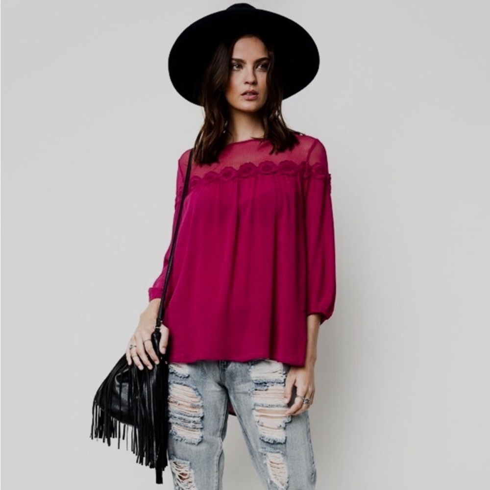 Hayden Blouse Mesh Floral Appliqué Berry Red Women’s Top NEW